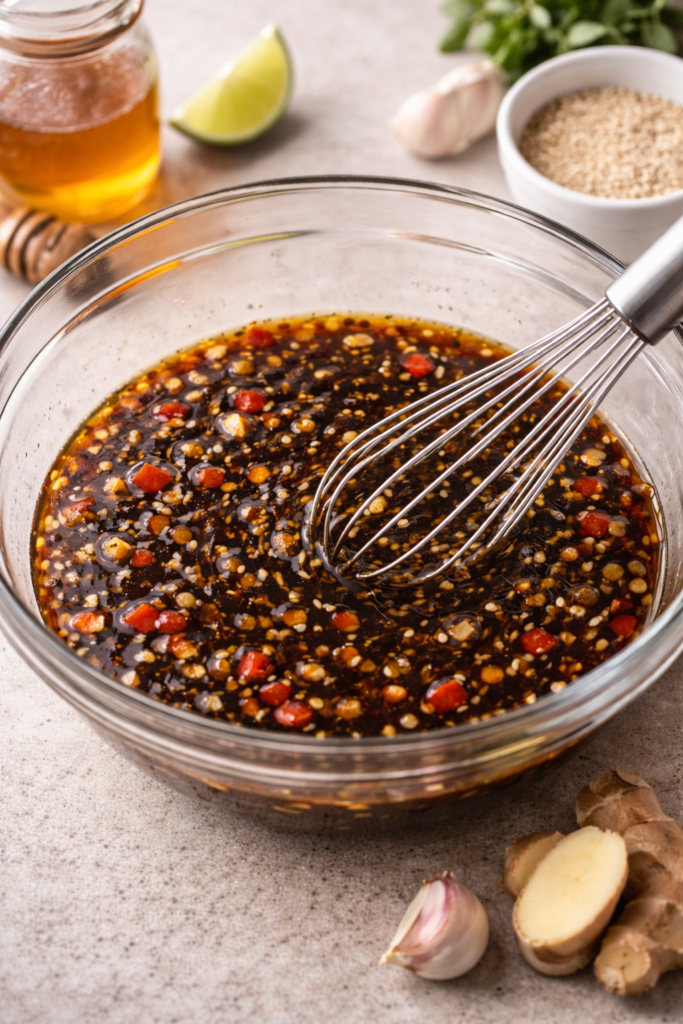 Teriyaki sauce being whisked together in a glass bowl with garlic and honey