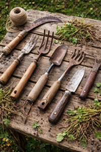Antique weed pulling tools and vintage hand garden tools on a rustic wooden table