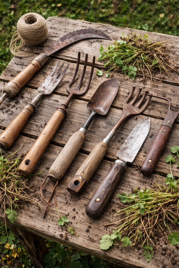 Antique weed pulling tools and vintage hand garden tools on a rustic wooden table