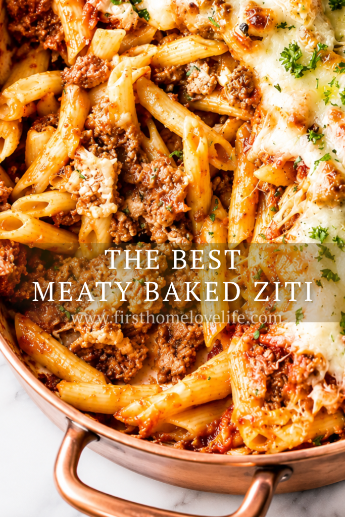 the best meaty baked ziti recipe featuring cheesy baked pasta with meat sauce in a copper baking dish
