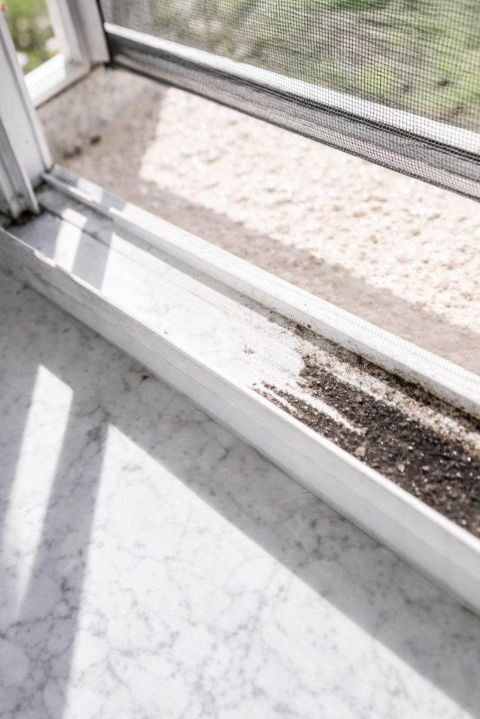 Dirty window track with built-up grime and debris before cleaning, shown in natural light on a light marble surface