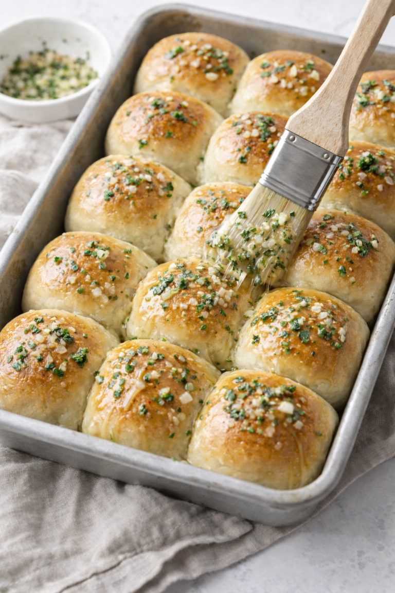 Soft homemade garlic butter dinner rolls on a baking sheet being brushed with melted garlic butter glaze.