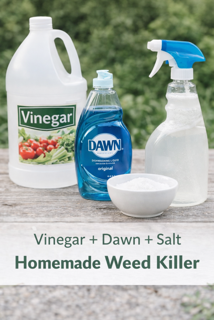 Homemade weed killer ingredients including vinegar, dish soap, and salt on a wooden table