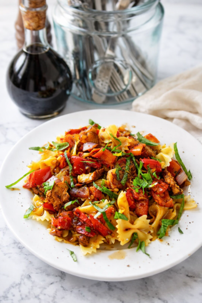 Honey balsamic chicken and peppers served over bowtie pasta on a white plate with fresh basil on a marble countertop.