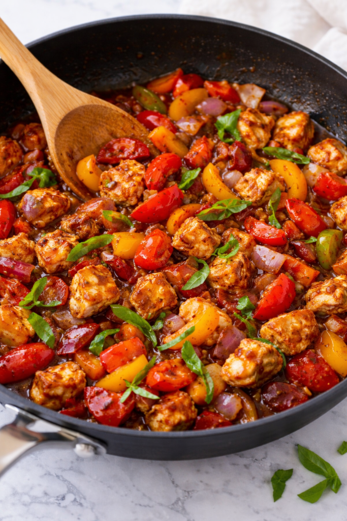 Honey balsamic chicken and peppers cooking in a skillet with bell peppers and onions coated in a glossy balsamic sauce.