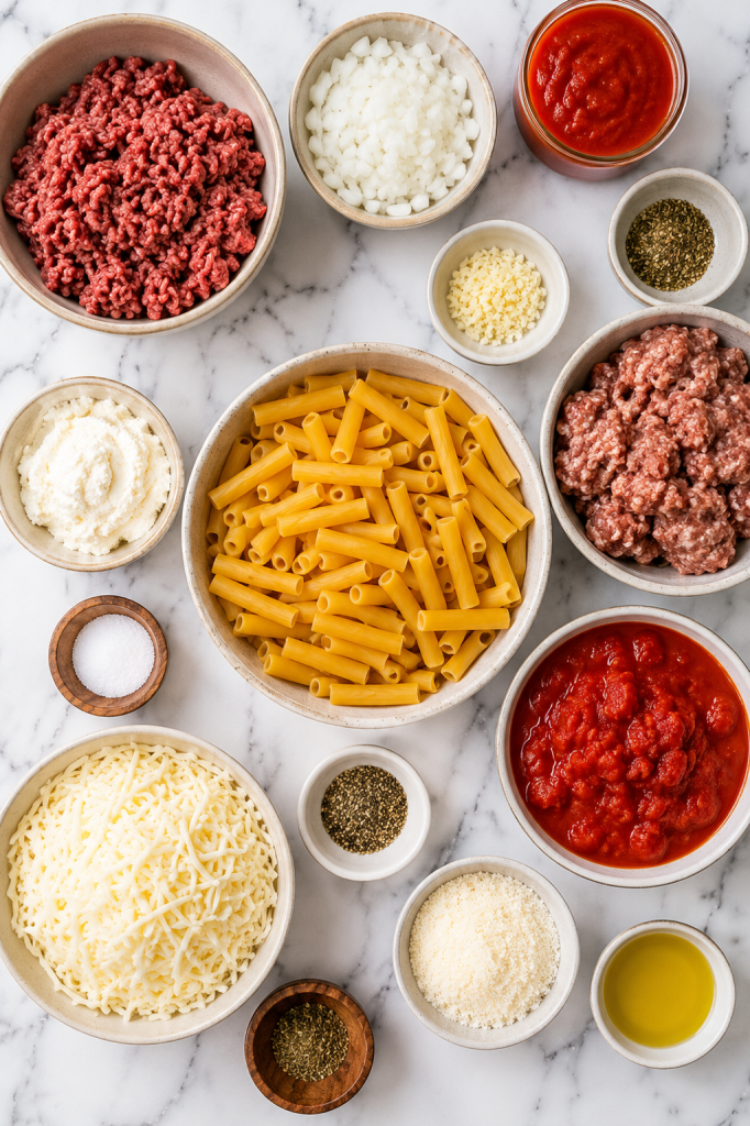 ingredients for meaty baked ziti including pasta, ground beef, sausage, tomato sauce, ricotta, mozzarella, and seasonings
