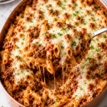 Serving spoon scooping cheesy meaty baked ziti with penne pasta from a copper baking dish on a white marble countertop