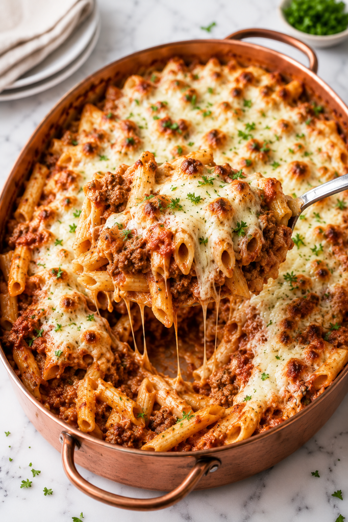 Serving spoon scooping cheesy meaty baked ziti with penne pasta from a copper baking dish on a white marble countertop