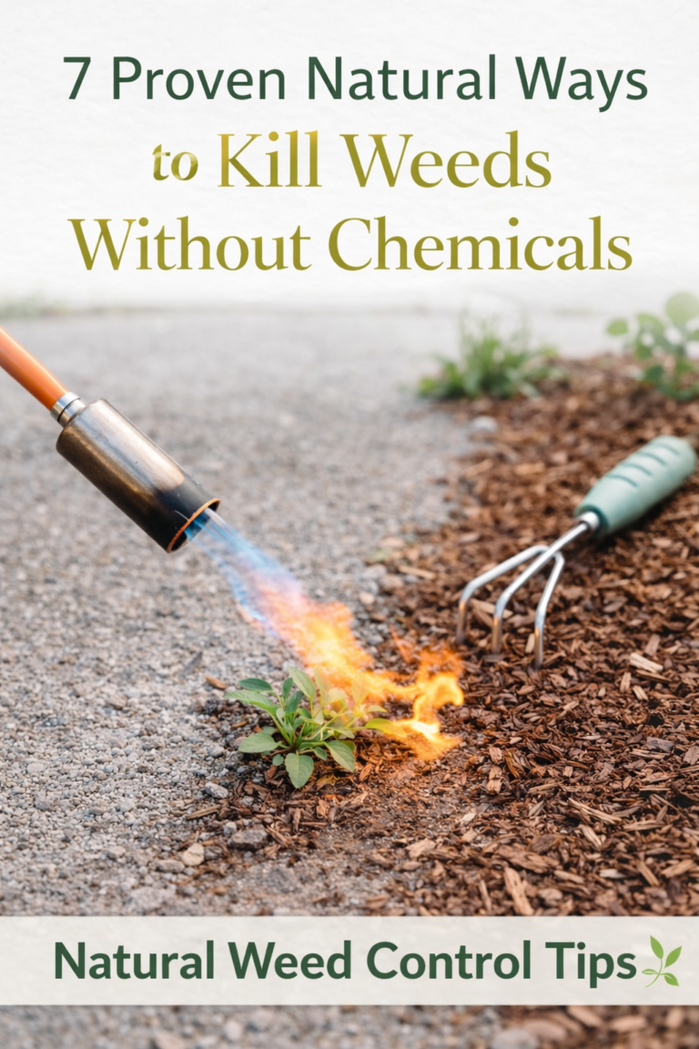 Weed torch burning weeds in gravel garden path for natural weed control