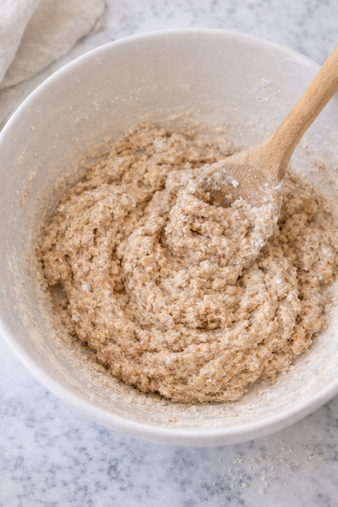 Whole wheat bread dough being mixed in a white bowl with a wooden spoon on marble countertop