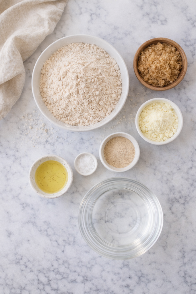 Ingredients for homemade whole wheat bread arranged in a clean farmhouse flat lay on marble background