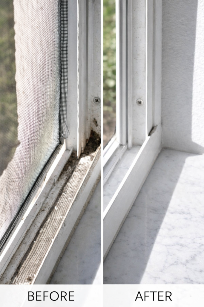 Before and after image of window track cleaning showing built-up dirt and grime removed for a clean, bright window track