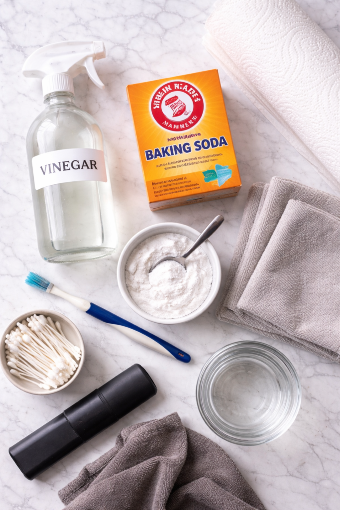Flat lay of window track cleaning supplies including vinegar, baking soda, toothbrush, cotton swabs, microfiber cloths, and paper towels on a marble surface