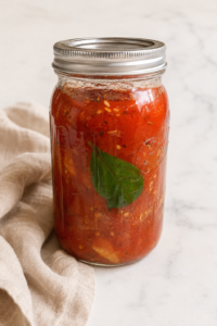 Homemade crockpot marinara sauce with tomatoes, garlic and fresh basil in a sealed mason jar.