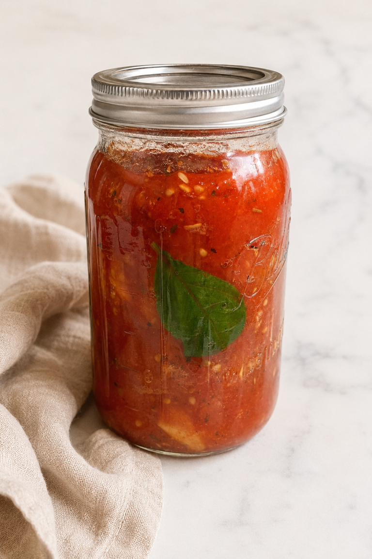 Homemade crockpot marinara sauce with tomatoes, garlic and fresh basil in a sealed mason jar.