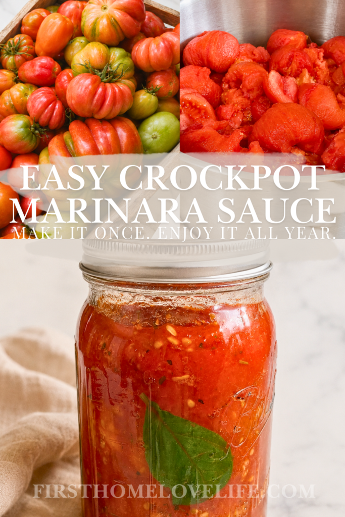 Pinterest pin showing fresh tomatoes, peeled tomatoes and a jar of easy homemade crockpot marinara sauce.