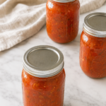 Three mason jars filled with homemade crockpot marinara sauce on a white marble countertop.