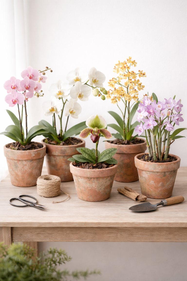 Soft pastel orchids in aged terracotta pots styled in a clean, minimal indoor setting with natural light.