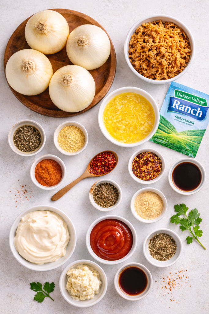 Flat lay of viral onion boil ingredients including whole sweet onions, Hidden Valley ranch packet, melted butter, crispy fried onions, and seasonings