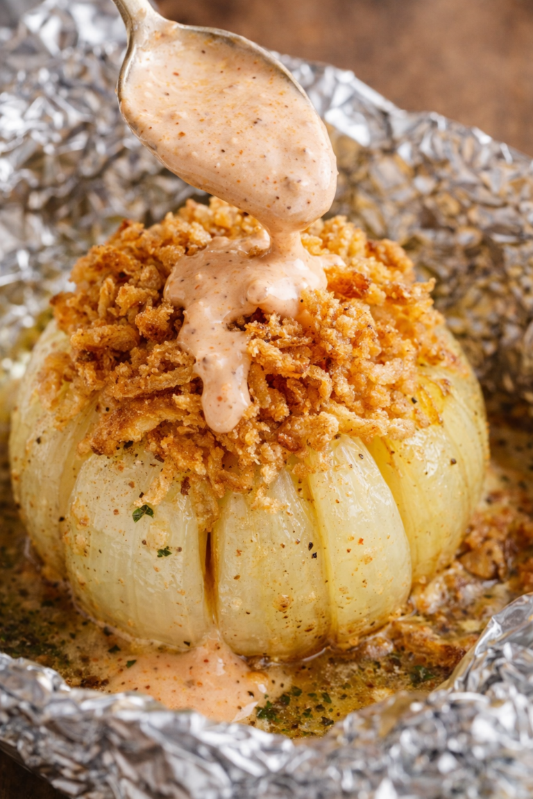 Viral onion boil baked in foil topped with crispy fried onions and drizzled with creamy bloom sauce