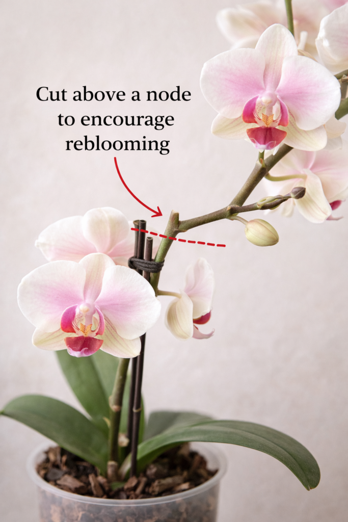 Close-up of a Phalaenopsis orchid showing where to cut the flower spike above a node to encourage reblooming.