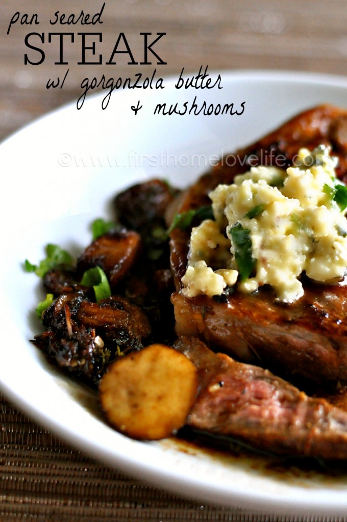 Do you have 20 minutes? Do you have one medium-large skillet or sauté pan? Then guess what? You have everything you need to make this savory steak with gorgonzola butter and mushrooms! #steak #grilled #steakhouse #beef #recipe #dinner 