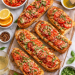 Flat lay of Bahama Breeze copycat Cuban bread topped with marinated tomatoes and melted cheese
