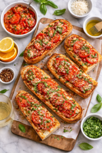 Flat lay of Bahama Breeze copycat Cuban bread topped with marinated tomatoes and melted cheese