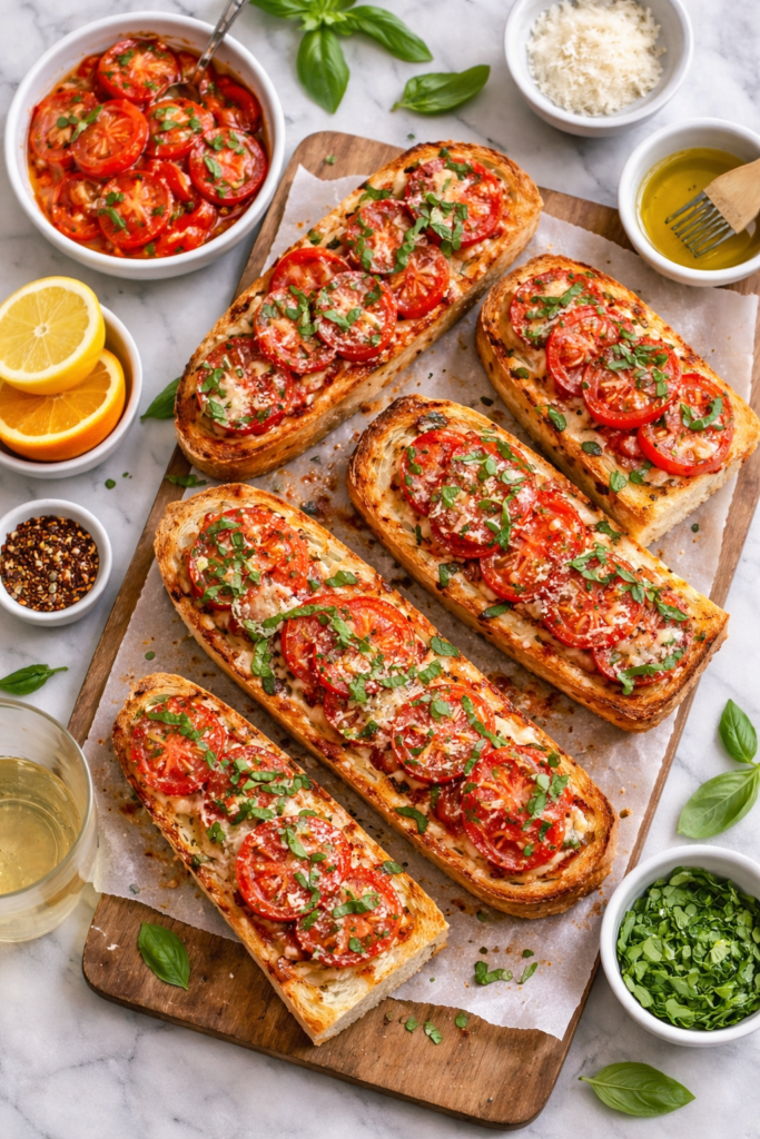 Flat lay of Bahama Breeze copycat Cuban bread topped with marinated tomatoes and melted cheese