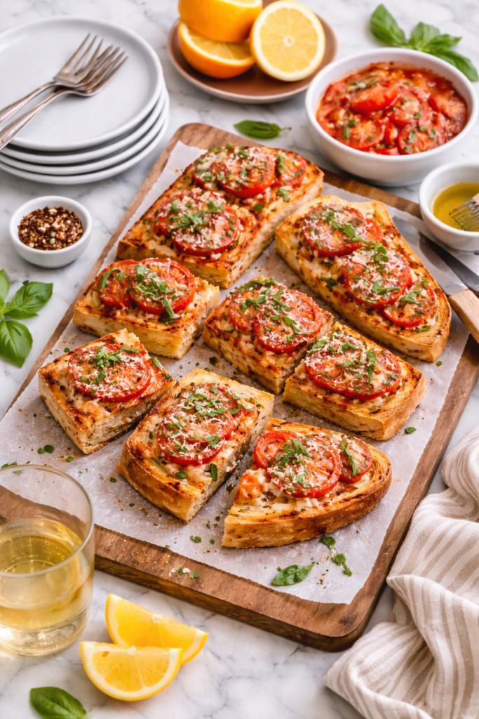 Sliced Bahama Breeze copycat Cuban bread with marinated tomatoes served with a stack of small plates