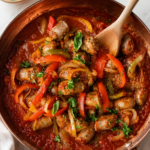 Italian sausage and peppers simmered in rich tomato sauce in a copper skillet on a white marble countertop with a wooden spoon.