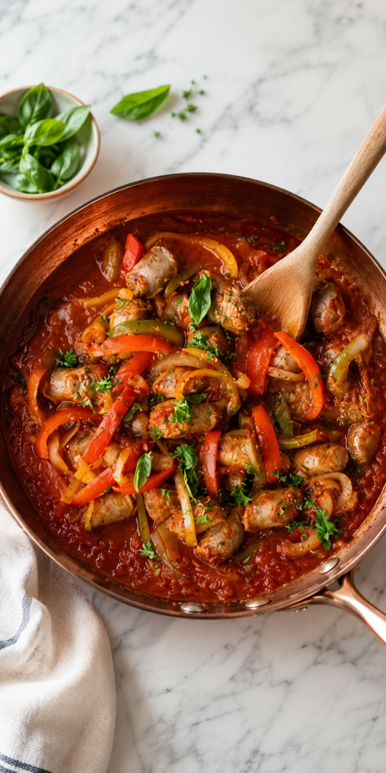 Italian sausage and peppers simmered in rich tomato sauce in a copper skillet on a white marble countertop with a wooden spoon.