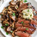 Juicy pan-seared steak topped with creamy garlic Gorgonzola butter and served with sautéed mushrooms and onions on a white plate.