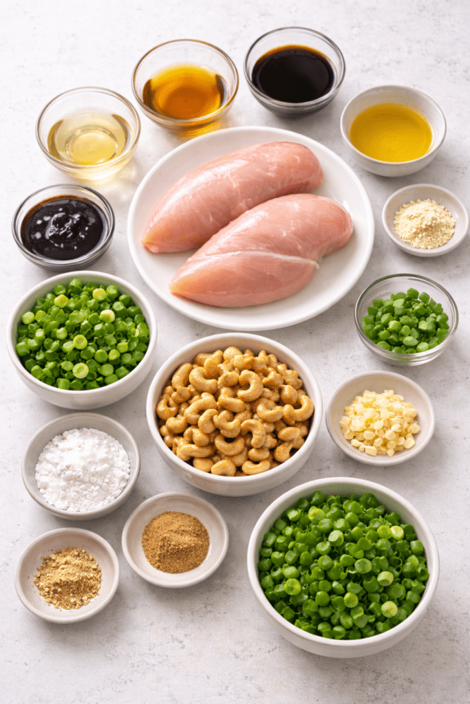 Ingredients for chicken with cashews recipe including raw chicken breasts, soy sauce, cashews, green onions, garlic, ginger, cornstarch, and oil arranged on a light countertop