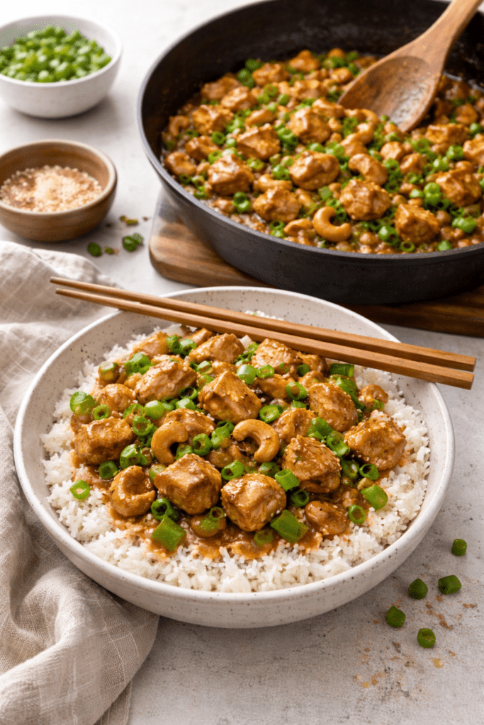 Chicken with cashews cooking in a skillet and served over white rice in a bowl with chopsticks