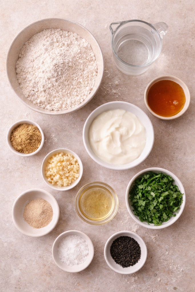Flat lay of ingredients for homemade cilantro and garlic naan including flour, yogurt, honey, garlic, yeast, fresh cilantro, and nigella seeds on a neutral background.