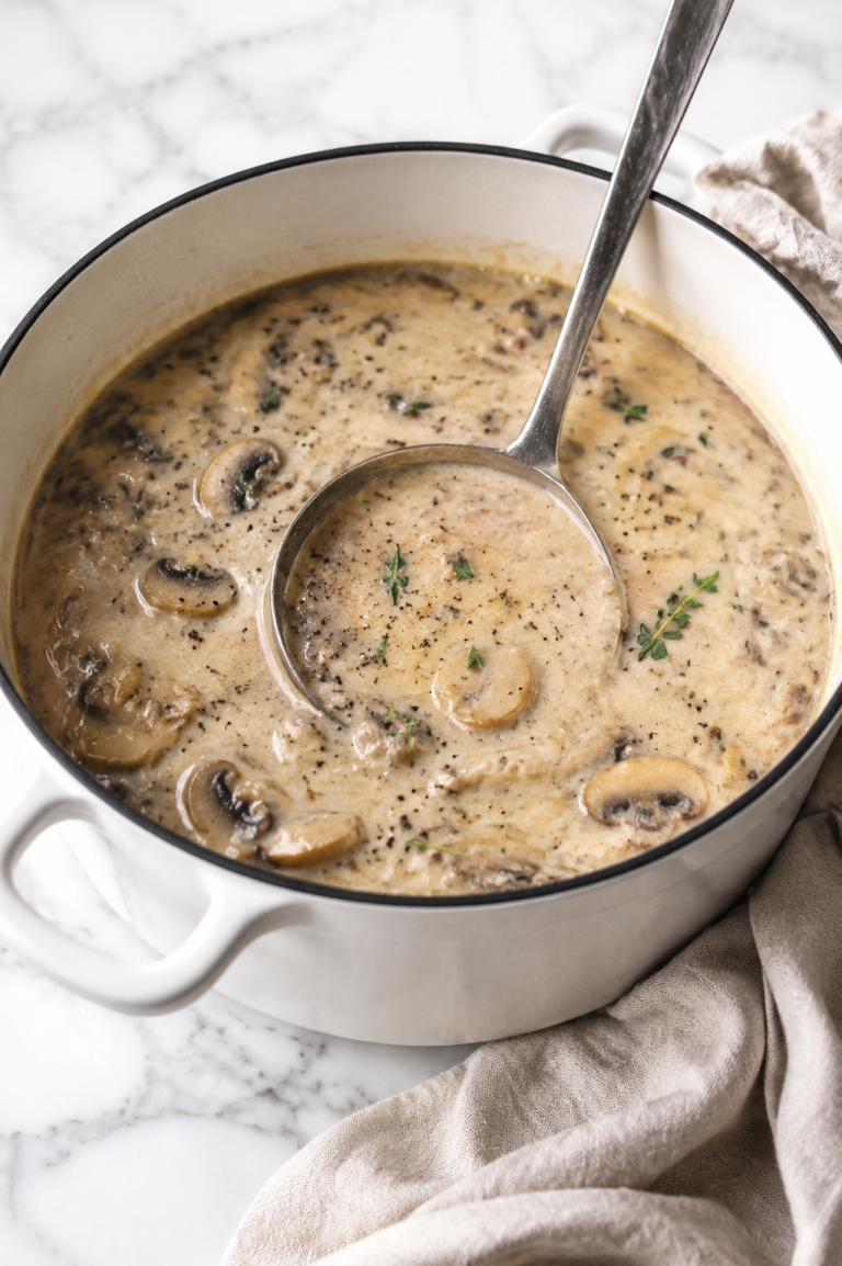 Copycat Sweet Tomatoes cream of mushroom soup in a white enamel pot with a silver ladle.