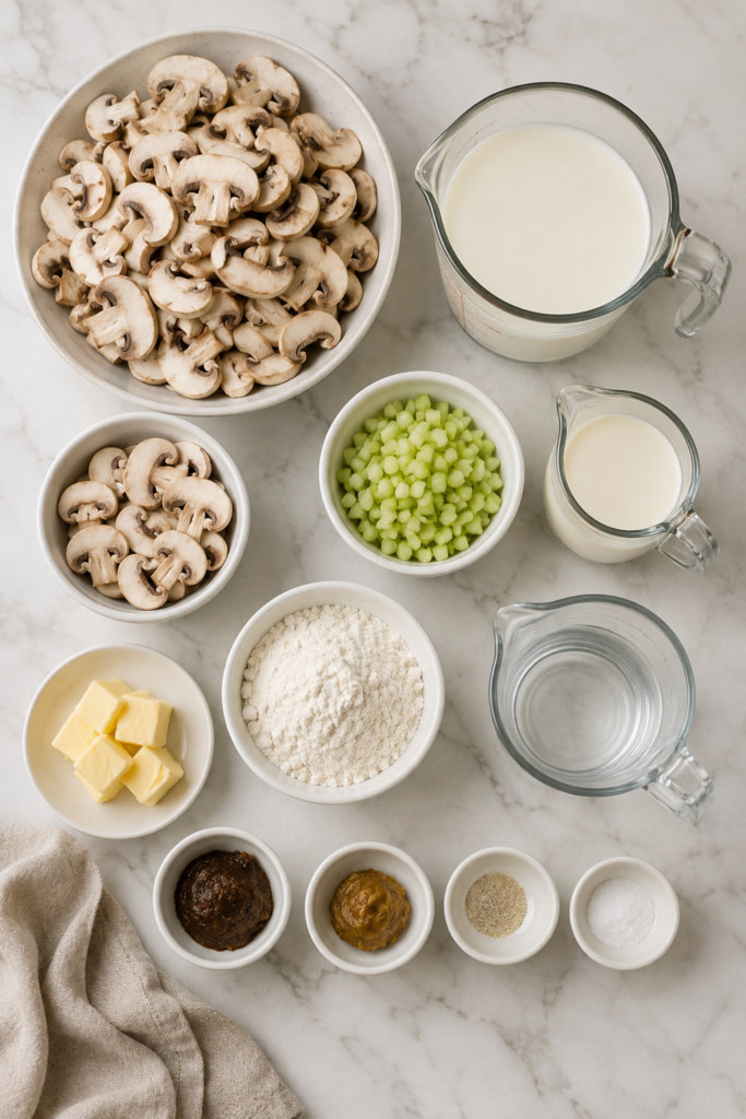 Ingredients for Copycat Sweet Tomatoes cream of mushroom soup arranged on a white marble counter.