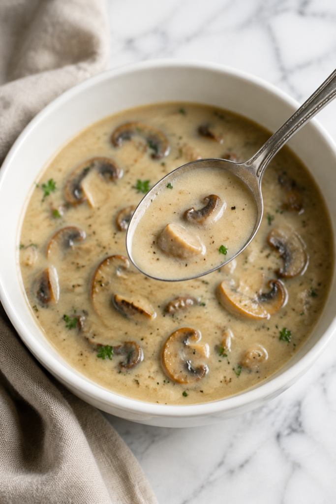 Spoonful of Copycat Sweet Tomatoes cream of mushroom soup above a white bowl filled with sliced mushrooms.