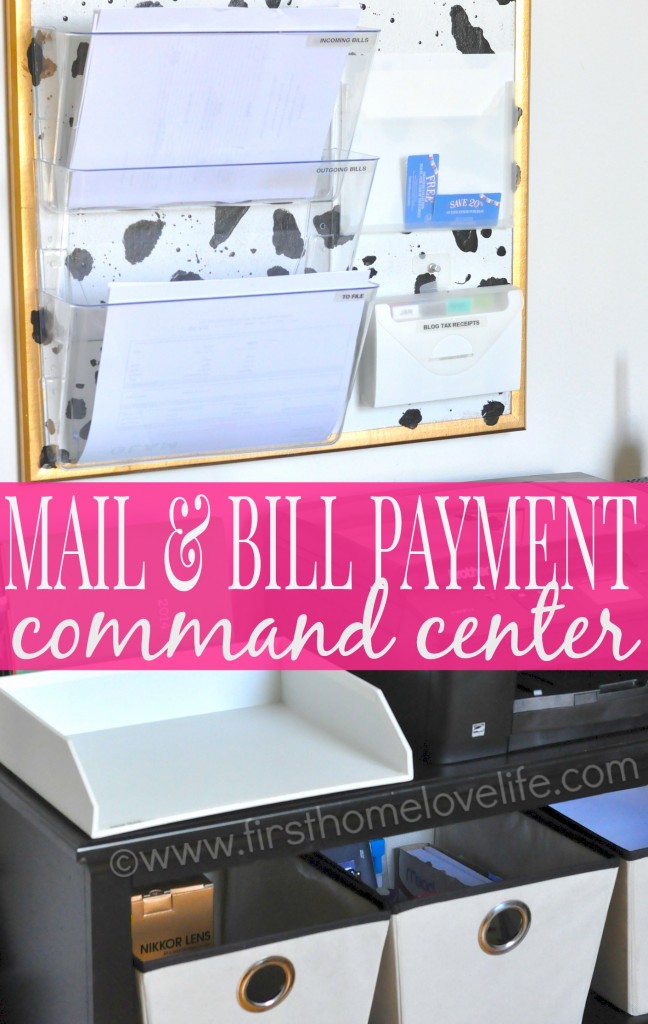 Learn how to set up a mail and bill payment center in your home. Keep track of your bills, and control the paper clutter for good! #diy #organize #organizing #organized via firsthomelovelife.com 
