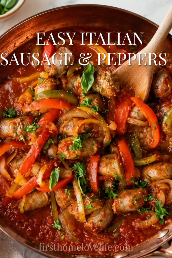 Italian sausage and peppers simmered in tomato sauce in a copper skillet with onions and colorful bell peppers.