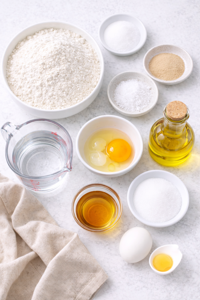 Flat lay of ingredients for homemade bagels including bread flour, yeast, sugar, salt, water, egg, honey, and oil on a white marble surface.