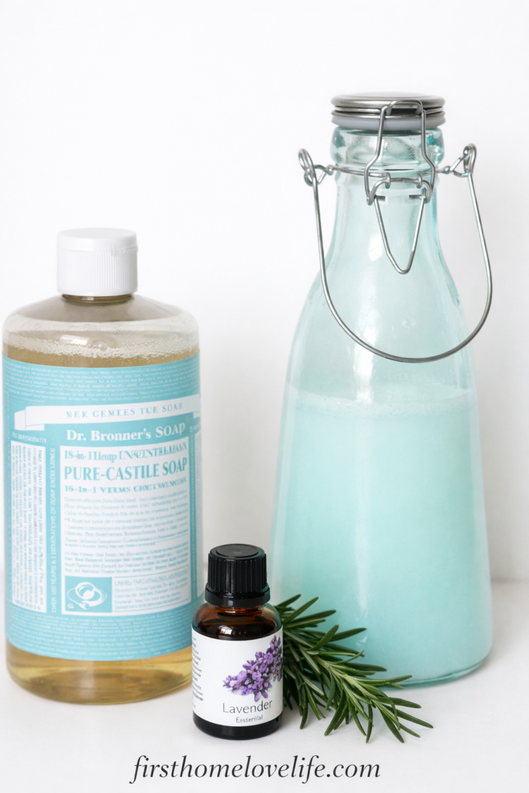 Homemade dog shampoo ingredients with castile soap, lavender oil, and rosemary in a glass bottle on a clean white background