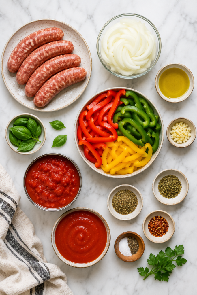 Flat lay of ingredients for Italian sausage and peppers including Italian sausage, bell peppers, onions, tomato sauce, crushed tomatoes, garlic, olive oil, and seasonings on a white marble countertop.