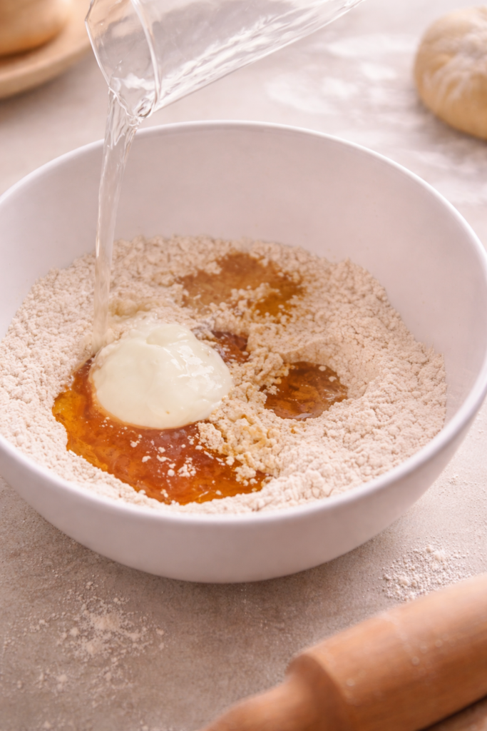 Pouring water into flour with yogurt and honey while making homemade cilantro and garlic naan dough in a white bowl.
