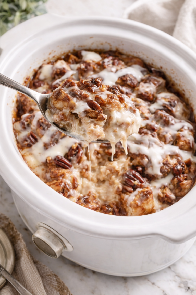 Creamy cinnamon roll bread pudding scooped from a white slow cooker with pecans and vanilla glaze