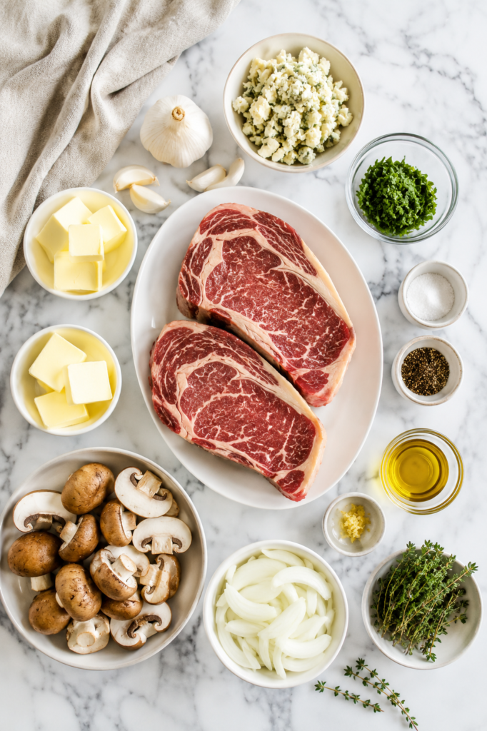 Flat lay of ingredients for steak with Gorgonzola butter including ribeye steaks, mushrooms, onions, garlic, butter, Gorgonzola cheese, parsley, thyme, olive oil, salt, and pepper.