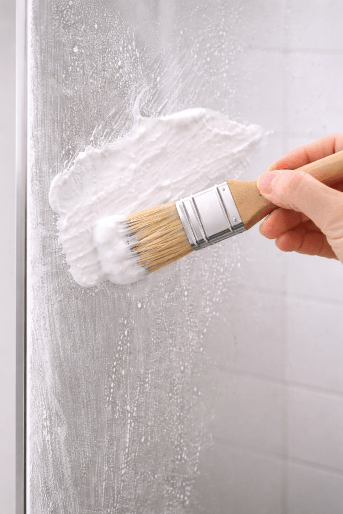 Close-up of a paint brush applying baking soda paste to glass shower door to remove soap scum and hard water stains.