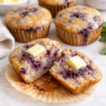 Blueberry jam muffin cut in half with melted butter on top, showing a soft crumb and jam swirls, with other muffins in the background