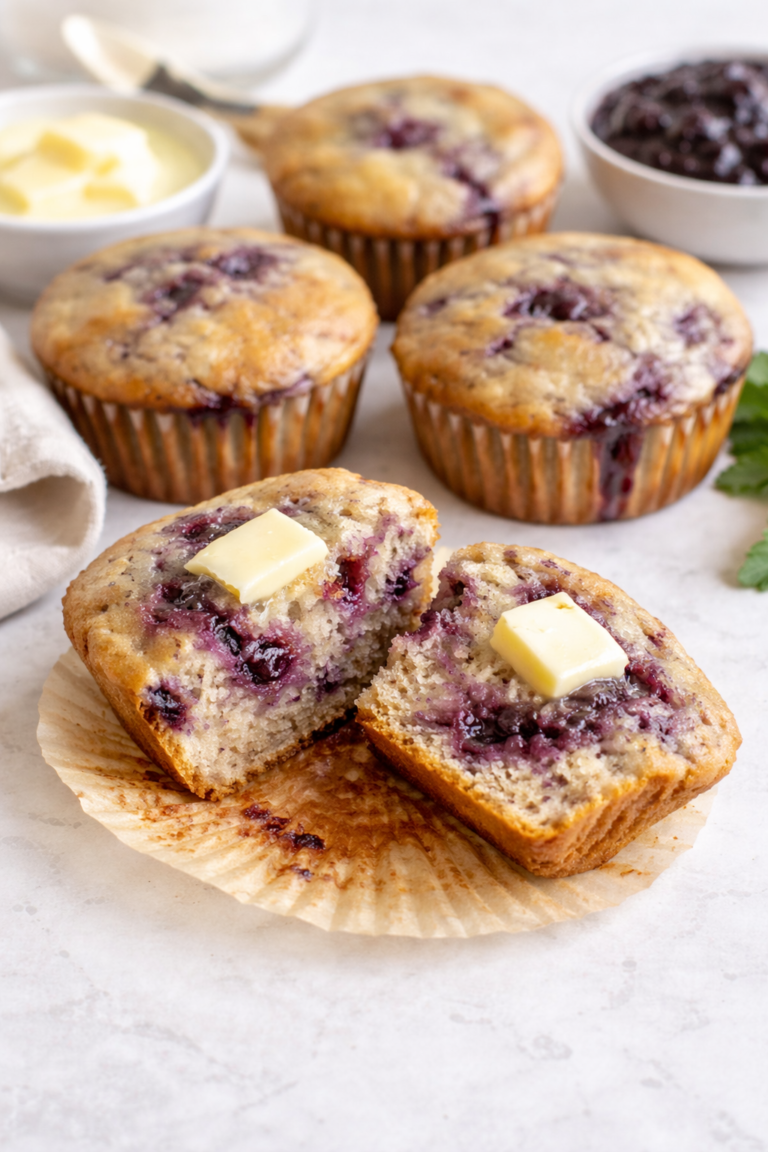 Blueberry jam muffin cut in half with melted butter on top, showing a soft crumb and jam swirls, with other muffins in the background